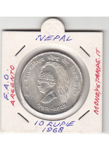 NEPAL 10 Rupie 1968 Argento Mahendra Bir Bikram KM# 794